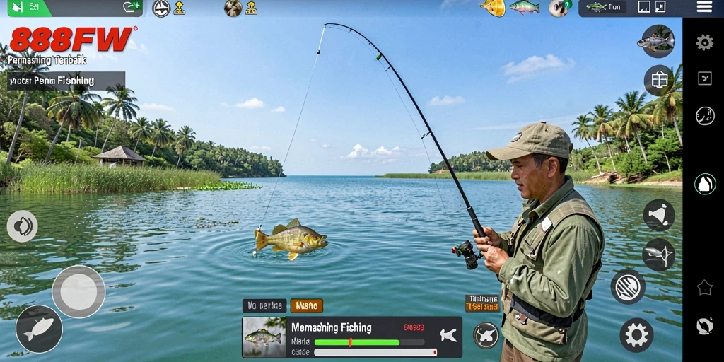Screenshot game 888FW menunjukkan aksi memancing yang seru dan lingkungan yang indah.