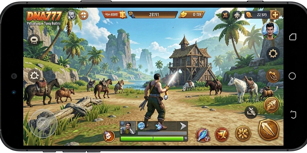 Screenshot gameplay DNA777 menampilkan dunia yang luas dan grafik yang indah.
