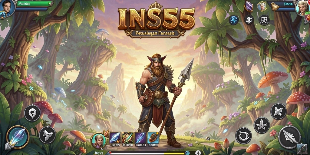 Screenshot utama INS55 menampilkan pertarungan epik di dunia fantasi.