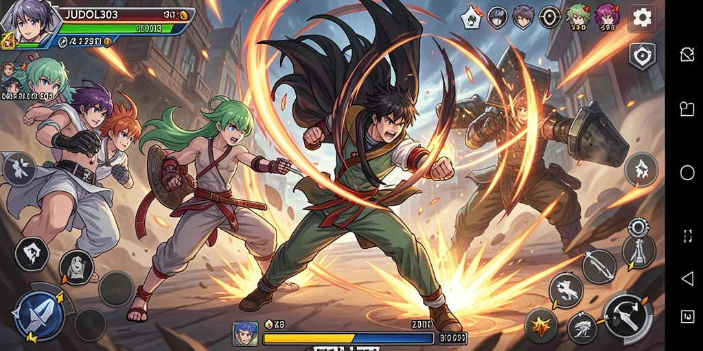 Screenshot JUDOL303 menampilkan aksi pertempuran seru dengan karakter Anime.