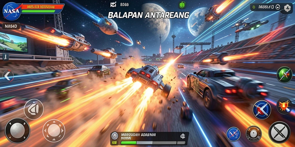 Screenshot menunjukkan aksi balapan luar angkasa yang mendebarkan
