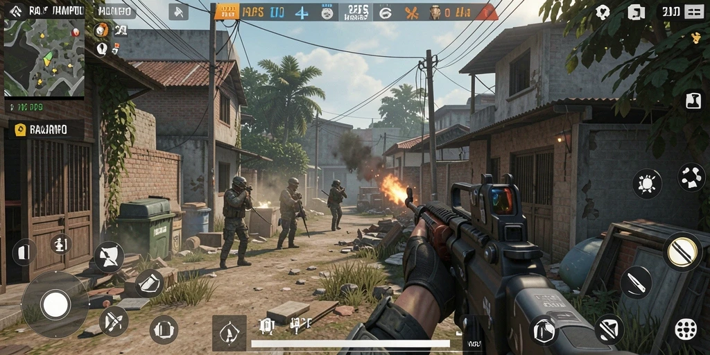 Tampilan gameplay mendebarkan dari RAJAMPO dengan aksi tembak-menembak yang intens.