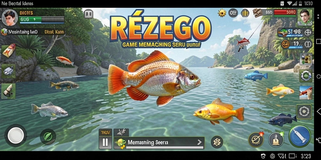Gameplay memancing yang seru dalam REZEGO dengan tampilan ikan berwarna-warni.