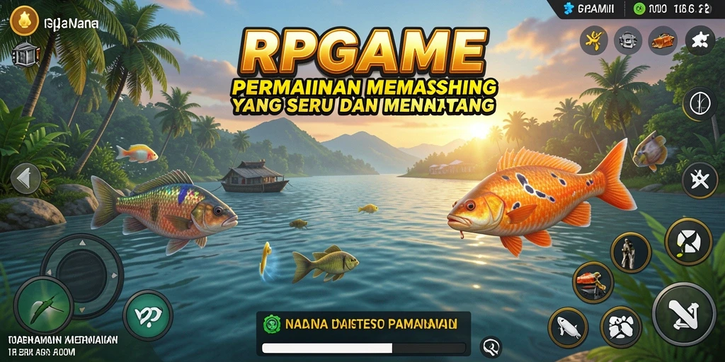 Screenshot RPGAME menampilkan pemain yang sedang memancing dengan suasana alam yang indah.