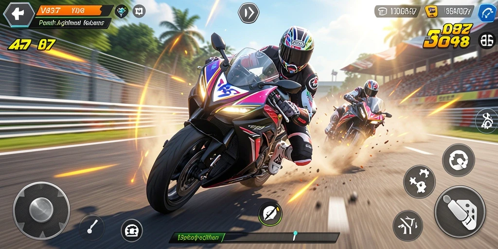 Screenshot gameplay V87 saat balapan motor di trek.